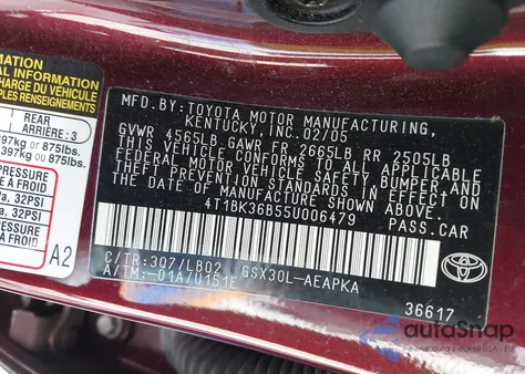 2005 Toyota Avalon Limited/Touring/Xl/Xls from USA, damaged, VIN 4T1BK36B55U006479